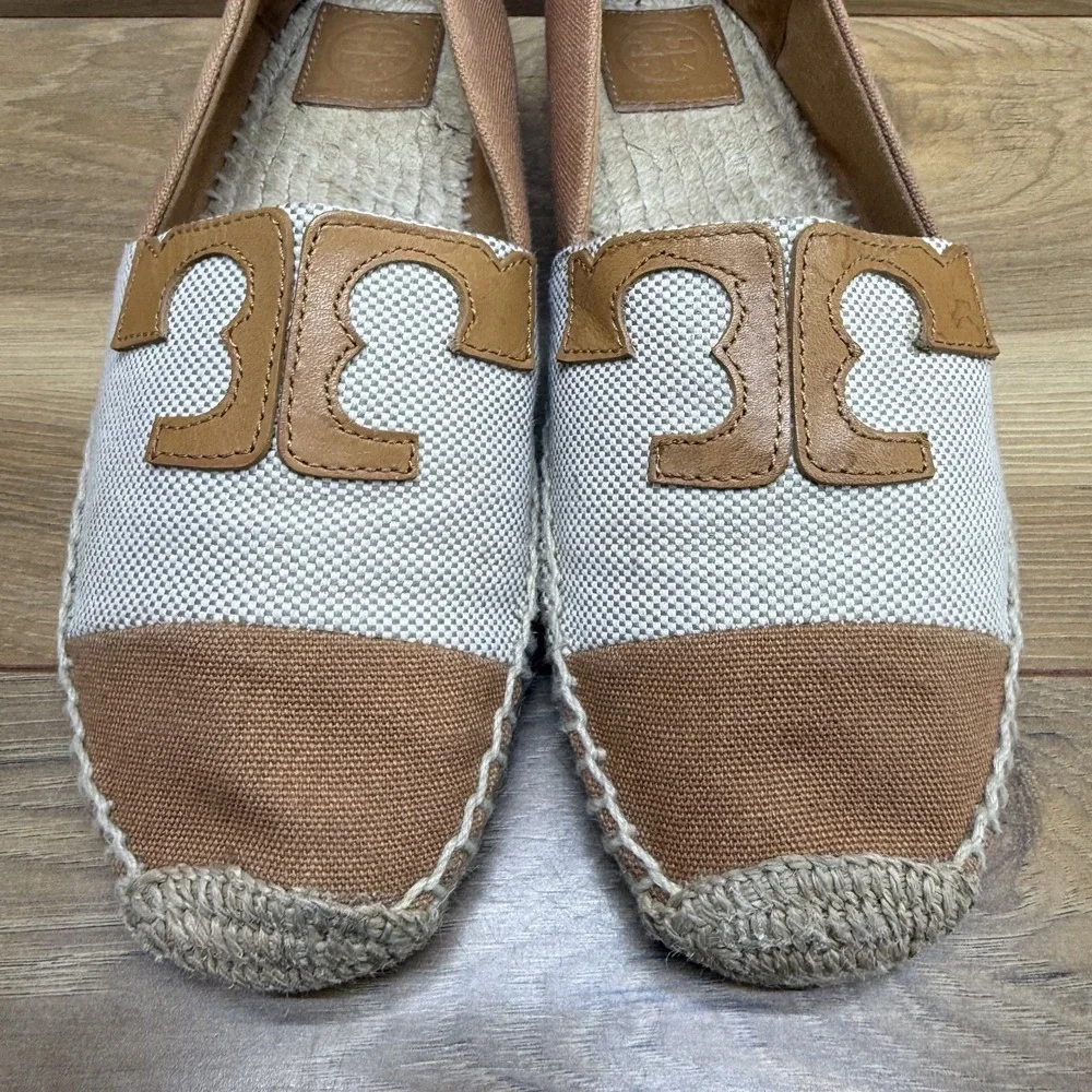 Tory Burch Cream and Tan Canvas Espadrilles with Logo Trim
